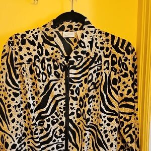 Chico's Black and Tan Bomber Jacket with Bold Animal Print